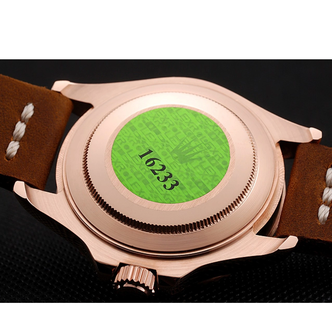 Aaa replica Gold Brown Yacht Bezel Black Dial 1453860 Case Rolex Rose Master Leather Brown Bracelet 0712